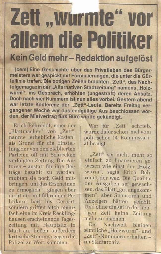 Zeitungsbericht zur Auflösung 1986 in der WAZ