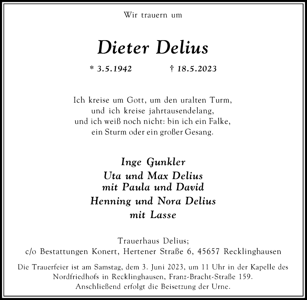Traueranzeige Dieter Delius